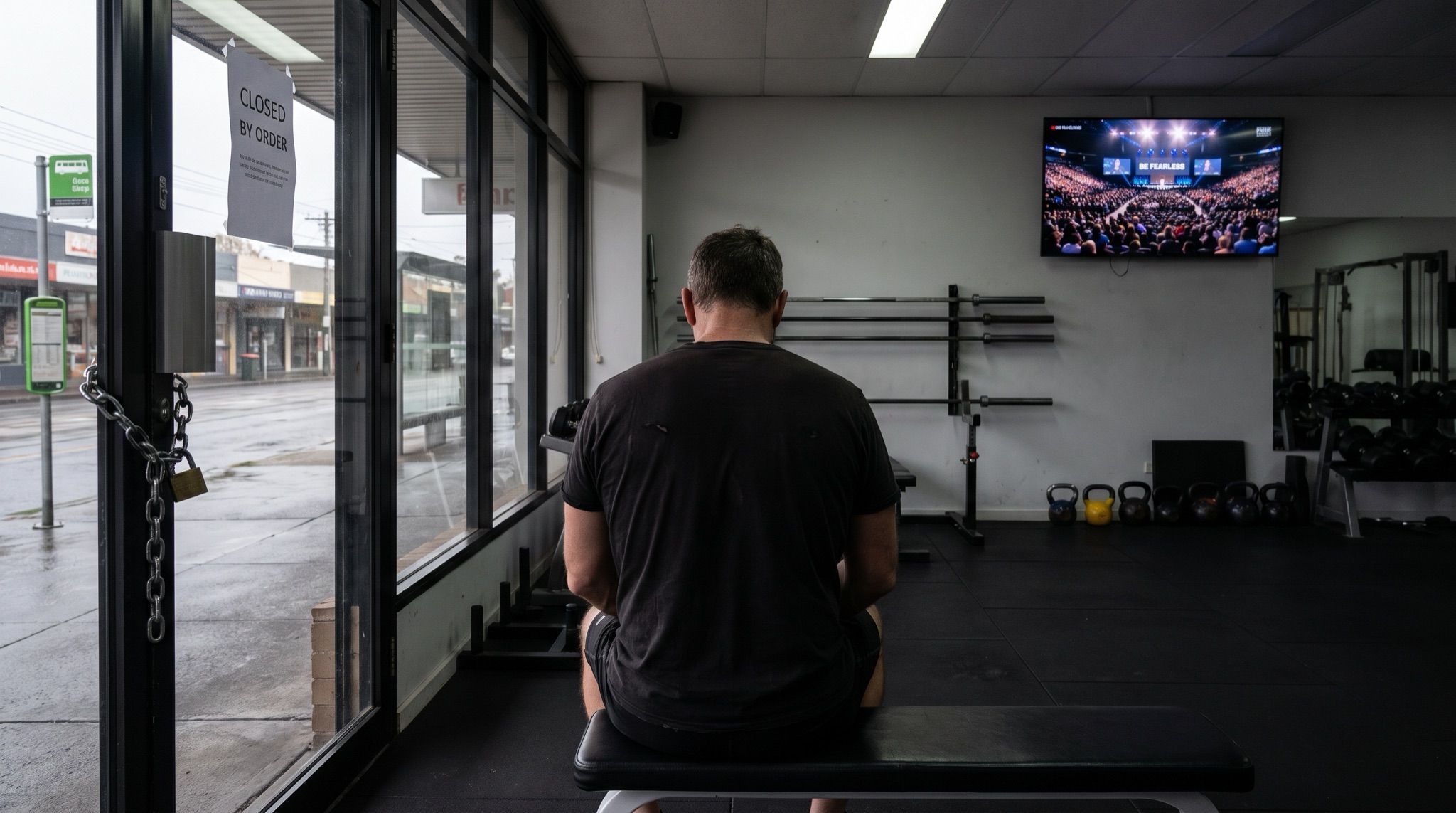 A gym owner sits alone in his chained-shut gym as a wall TV shows a packed seminar under a BE FEARLESS screen.