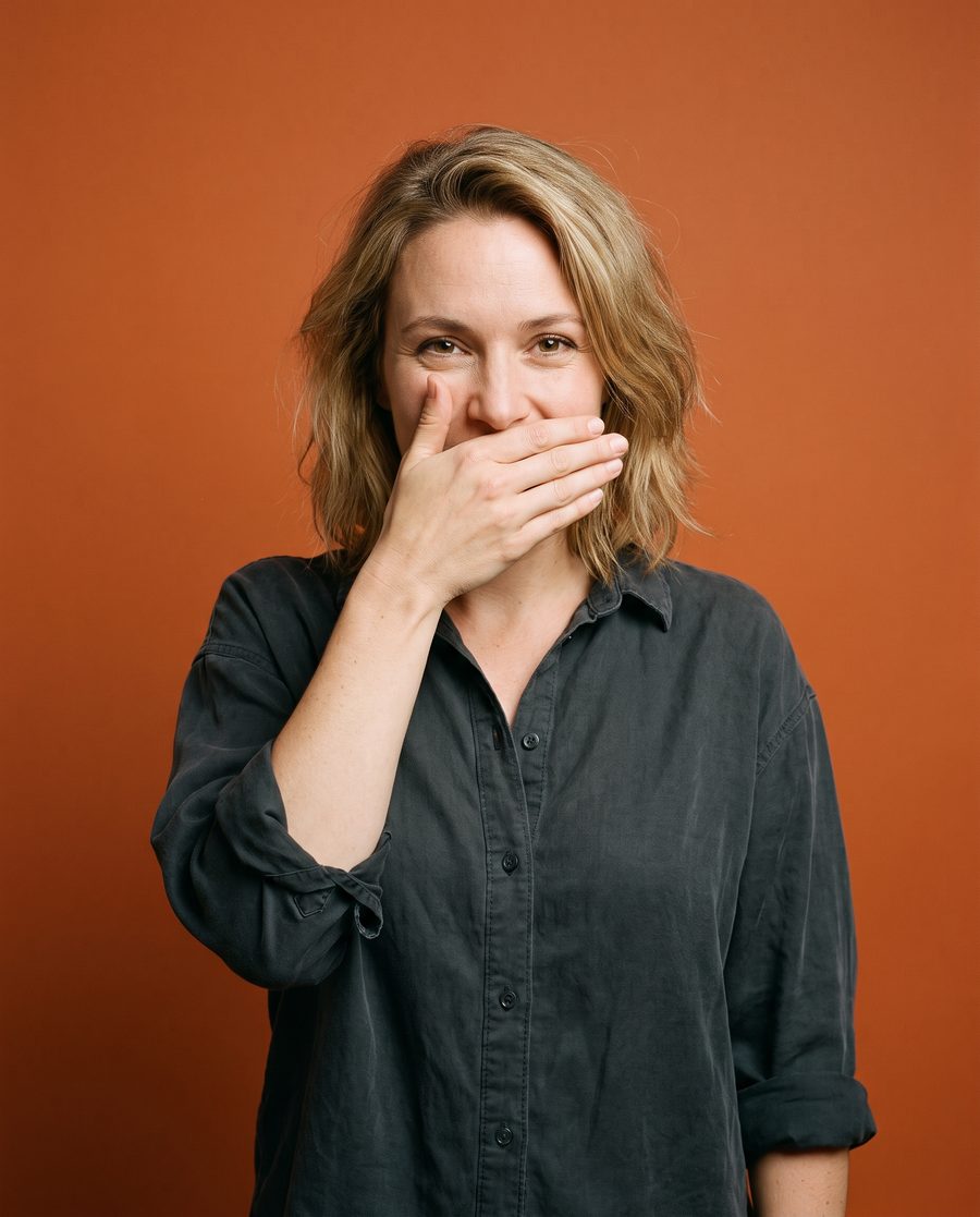 A woman with her hand over her mouth, choosing not to say it.